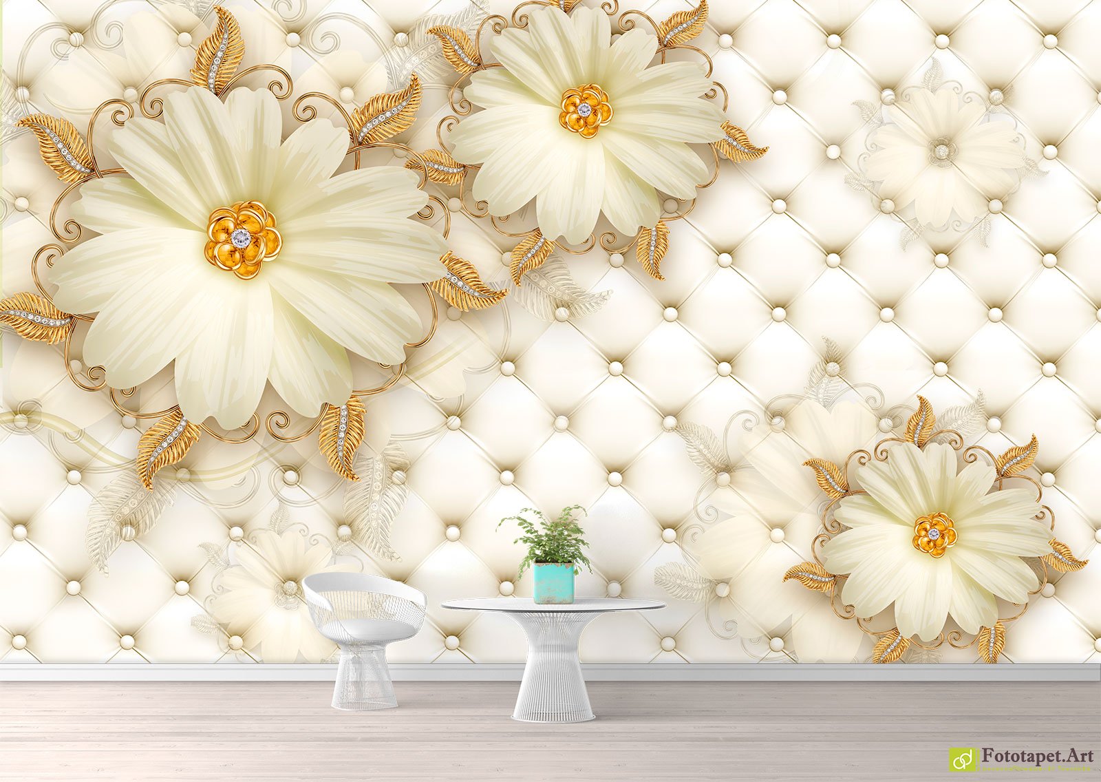 Photo Wallpaper with 3D Effect - Golden daisies on leather background |   Amazing 3D Wall Murals by Online