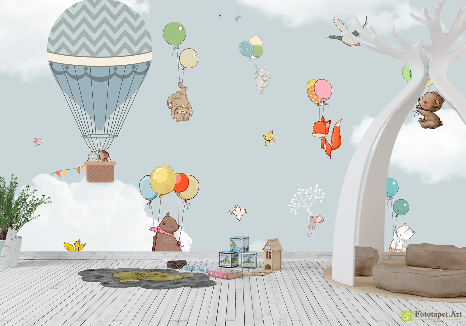 Fototapet pentru copii: balon cu aer cald si animale pe cer